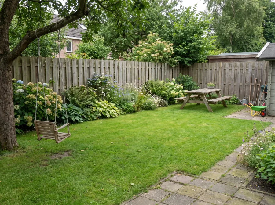 Groene Nederlandse familietuin met terras en speelruimte