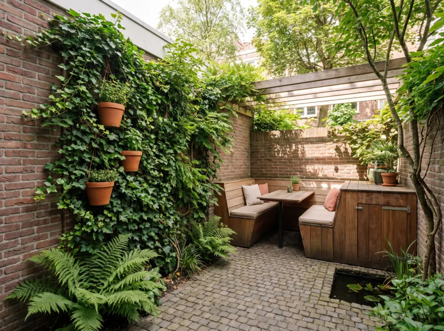 Compacte Nederlandse stadstuin met verticale beplanting