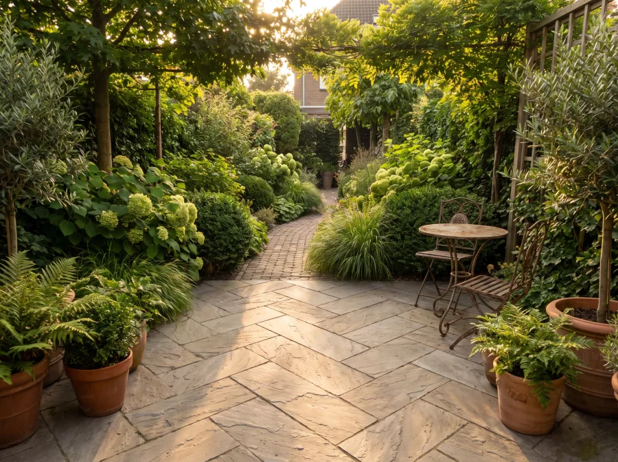 Terras en tuinpad met licht kleiklinkerwerk