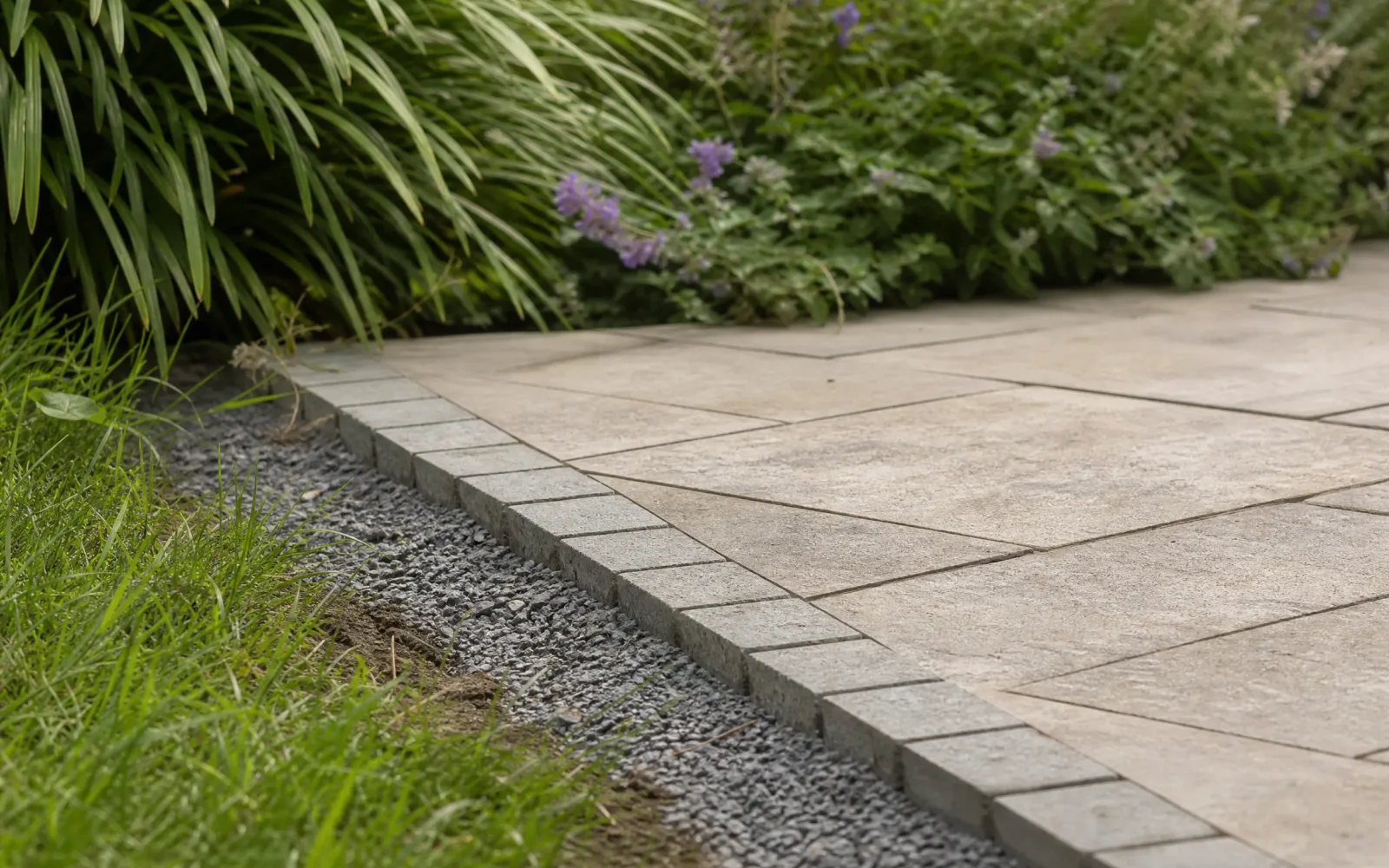 Detail van terrasbestrating met natuurlijke border