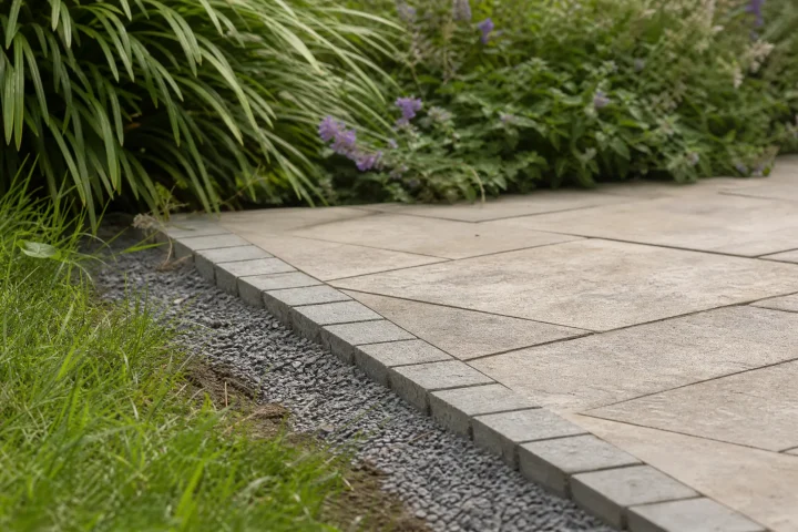 Detail van terrasbestrating met natuurlijke border
