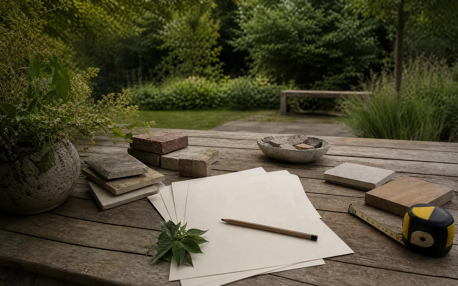 Materiaalstalen en notities voor het vergelijken van tuinwerk