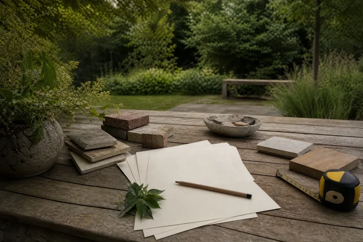 Materiaalstalen en notities voor het vergelijken van tuinwerk