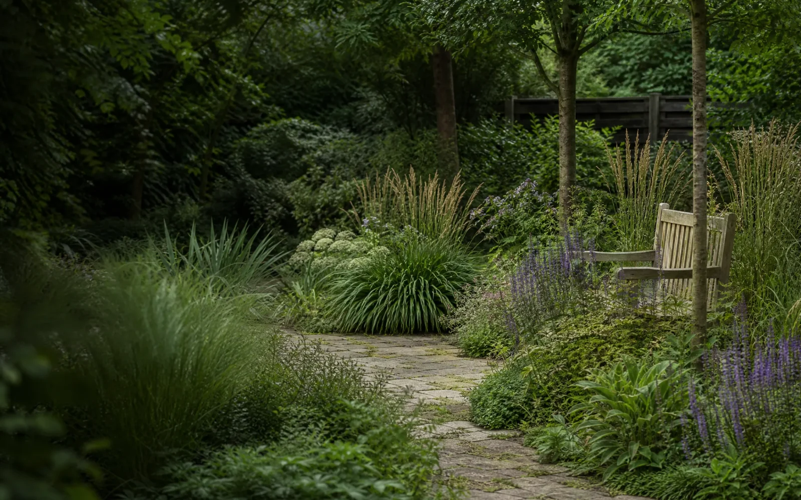 Gelaagde groene onderhoudsvriendelijke tuin