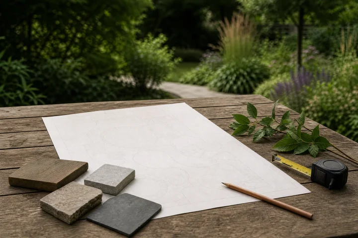 Tuinplan en materiaalstalen op een buitentafel