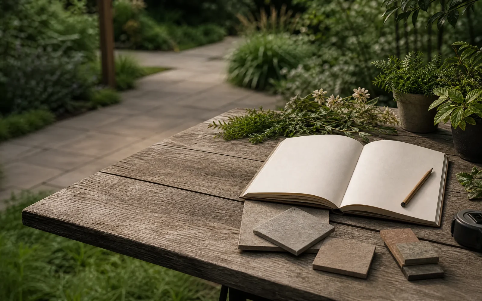 Materiaalstalen, notitieboek en meetlint voor tuinplanning
